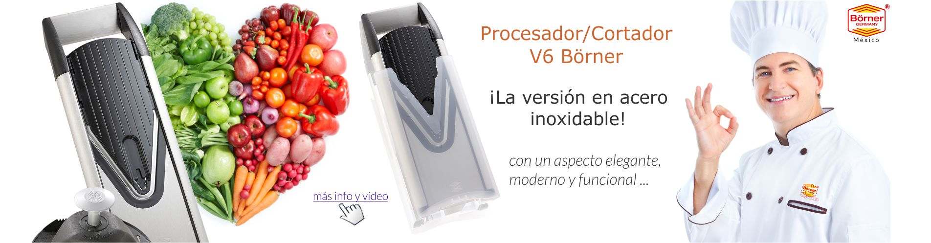 Procesador Cortador Börner V6 - La versión de acero inoxidable con un aspecto elegante, moderno y funcional. Podrá cortar frutas, verduras y otros en rebanadas o tiras gruesas o delgadas - 2 modelos disponibles: Básico y Confort