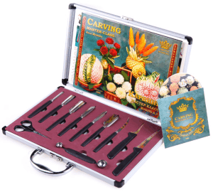 Carving Set Börner - Set de Gubias de cocina. Viene con un libro en papel ilustración y un DVD con sugerencias para tallado de frutas y verduras. ¡Realice increíbles decoraciones con frutas y verduras utilizando las diferentes Gubias! - Vea en el vídeo de la derecha, una muestra de todas las maravillas que puede hacer con estas Gubias. 